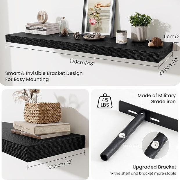 Fun Memories 48 Inch Floating Shelves for Wall - 12 Inch Deep Fireplace Mantel Shelf - Wood Floating Shelf for Wall - Large Storage Shelves Wall Mount for Living Room & Bedroom - Black - Set of 2