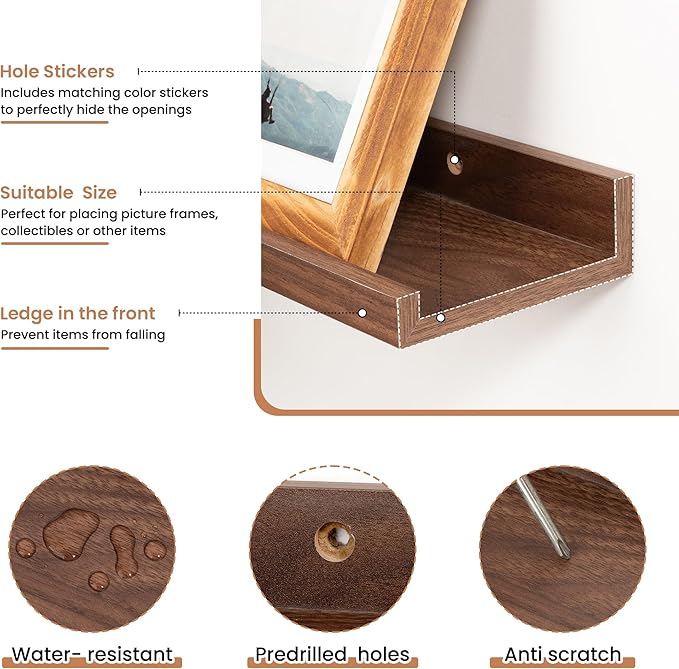 Fun Memories Picture Ledge Shelves Set of 2, 36 Inch Rustic Wall Mounted Floating Shelves with Lip for Home Storage and Décor in Bathroom, Kitchen, Nursery, Bedroom, Living Room, Walnut