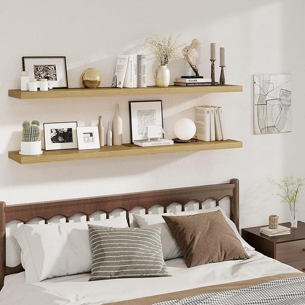Fun Memories 12 Inch Deep Floating Shelves, 67 Inch Long Extra Large Floating Shelves Set of 2, Rustic Wood Wall Shelves for Living Room, Kitchen, Bedroom, Farmhouse, Laundry Room, Home Office - Oak