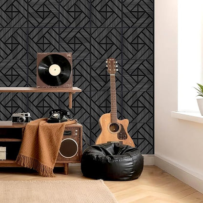 WoveN SounD Artisan Acoustic Wall Panels, 16 Pack 12x12 Inch, Wood Veneer Carved Sound Proof Wall Decor, Self-Adhesive for Home, Studio, Office & Focus Zones, Grid Weave, Black Oak