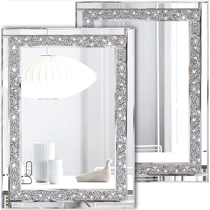 Meetart Crystal Crush Diamond Silver Mirror 11'' x 15''2 PCS, Frameless Stylish Gorgeous Diamond Decor Glam Glass Mirror. for Bedroom Bathroom Hanging Mirror Home for Wall Decor.