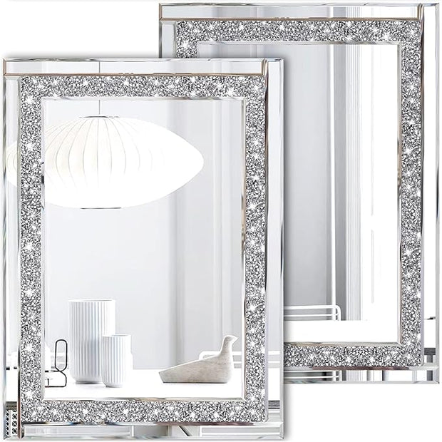 Meetart Crystal Crush Diamond Silver Mirror 11'' x 15''2 PCS, Frameless Stylish Gorgeous Diamond Decor Glam Glass Mirror. for Bedroom Bathroom Hanging Mirror Home for Wall Decor.