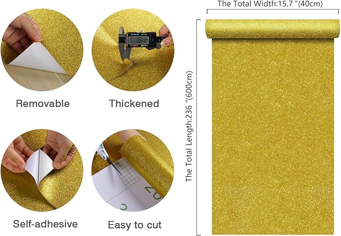 CHIHUT 15.7''x236'' Glitter Contact Paper Gold Glitter Wallpaper Stick and Peel for Walls Self Adhesive Shiny Glitter Wallpaper Roll Removable Fabric Decorative for Bedroom Cabinets Christmas Décor