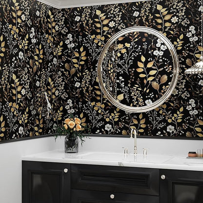 Boho Wallpaper Peel and Stick Dark Floral Wallpaper 17.5in x393in Vintage Leaf Contact Paper Vinyl Waterproof Self Adhesive Golden Leaf Botanical Wall Paper for Cabinet Table Drawer Decor