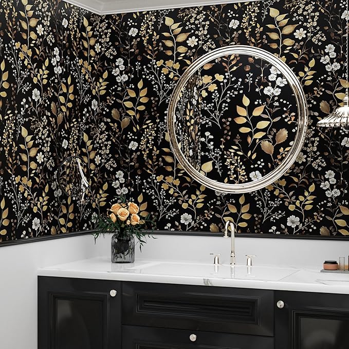 Boho Wallpaper Peel and Stick Dark Floral Wallpaper 17.5in x393in Vintage Leaf Contact Paper Vinyl Waterproof Self Adhesive Golden Leaf Botanical Wall Paper for Cabinet Table Drawer Decor