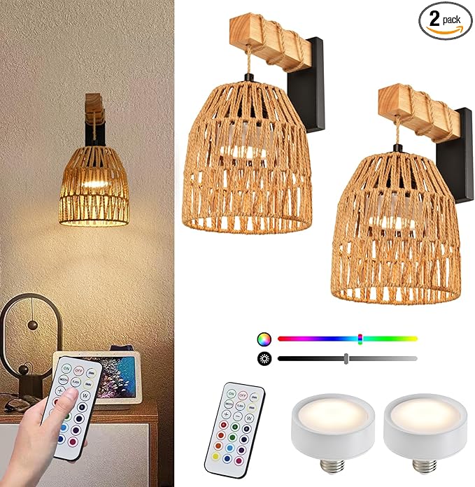 Battery Operated Wall Sconce Set of Two, Rattan Wall Sconces Battery Operated Set of 2, Boho Wall lights with Remote, Rechargeable Wall Sconce for Bedroom,Living Room, Entryway 15 Colors Dimmable