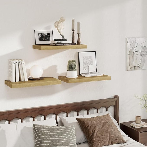 Fun Memories 24 x 12 Inch Deep Floating Shelves, 12 Inch Deep Rustic Wooden Book Shelf, Extra Deeper & Thicker Hanging Shelves for Living Room, Bathroom, Bedroom, Kitchen, Office, Set of 3 (Oak)