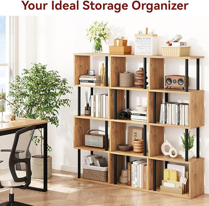IBUYKE 5-Tier Tall Bookshelf,S-Shaped Geometric Bookcase, Wood Display Shelves with Storage,Modern Bookshelf for Living Room Bedroom, Home Office,Oak WBC015K