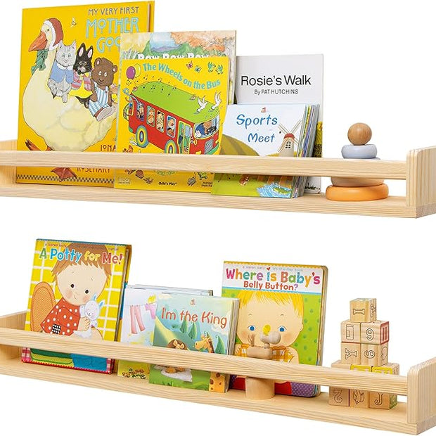 Fun Memories Nursery Book Shelves - Rustic Natural Solid Wood Floating Bookshelf for Kids - Wall Book Shelves for Kids Room (Natural, 32inch - 2P)