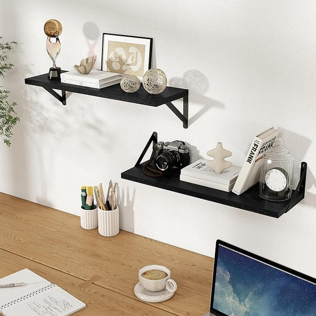 Floating Shelves, 8 Inch Deep Rustic Wood Wall Storage, 24W x 8D Wall Shelves Set of 2, Heavy Duty Metal Brackets, Industrial Book Shelf for Living Room, Kitchen, Bathroom, Bedroom, Black