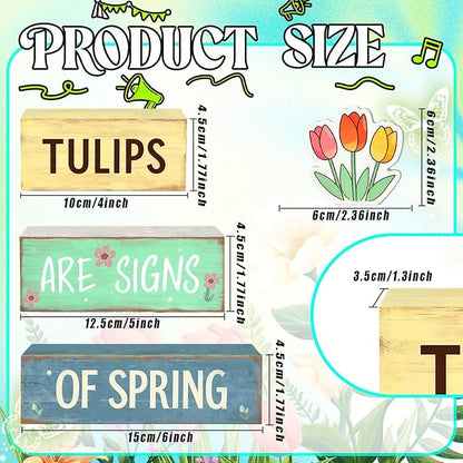 Spring Decoration Wooden Tiered Tray Decor – Tulips Spring Stacked Block Sign with Floral Accent – Farmhouse Tabletop Spring Decor for Shelf Mantel Seasonal Home Display