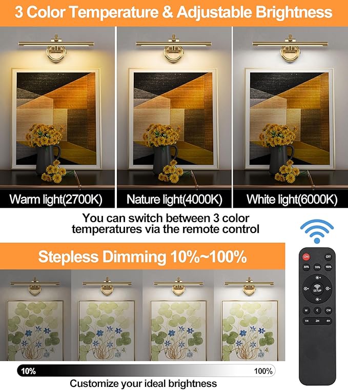 Picture Light for Wall,Battery Operated Art Lights for Painting,3 Color Selections and Brightness, Adjustable Wireless Portrait Lights with Remote for Artwork,Bookcase,Photo Frames(Brass, 15.7inch)