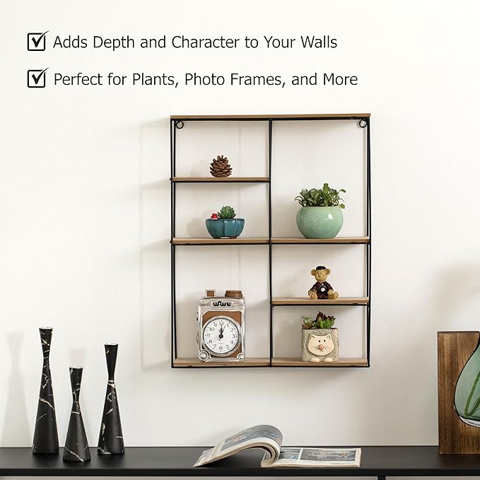 Vintiquewise Rectangular 4-Tier Floating Wall Shelf - Metal and Wood Wall-Mounted Display Shelf - Multi-Functional Wall Storage, Perfect for Entryway, Bathroom, Bedroom, Living Room, or Office