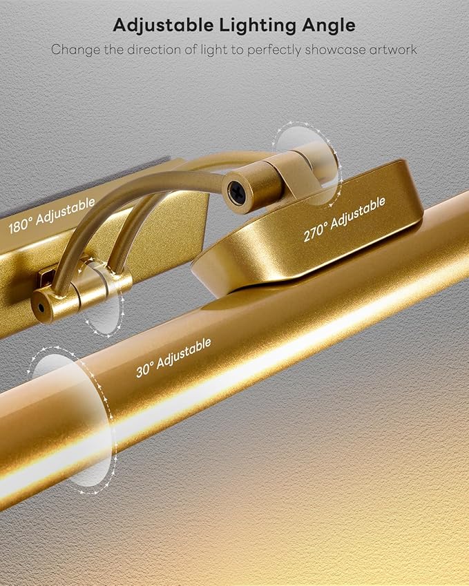 Magnetic Wireless Picture Light Rechargeable Battery Operated with Remote/Touch/Timer, Angle Adjustable 16in Metal Painting Light, 3 Color Dimmable, Art Light for Display, Wall, Gallery, Gold 2Pack