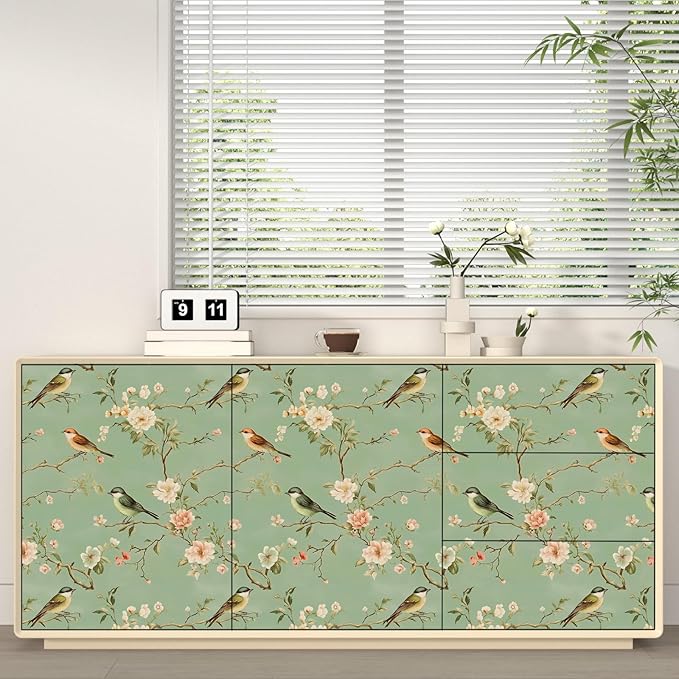 Green Floral Wallpaper Peel and Stick Bird Wallpaper Pink Flower Contact Paper 17.5