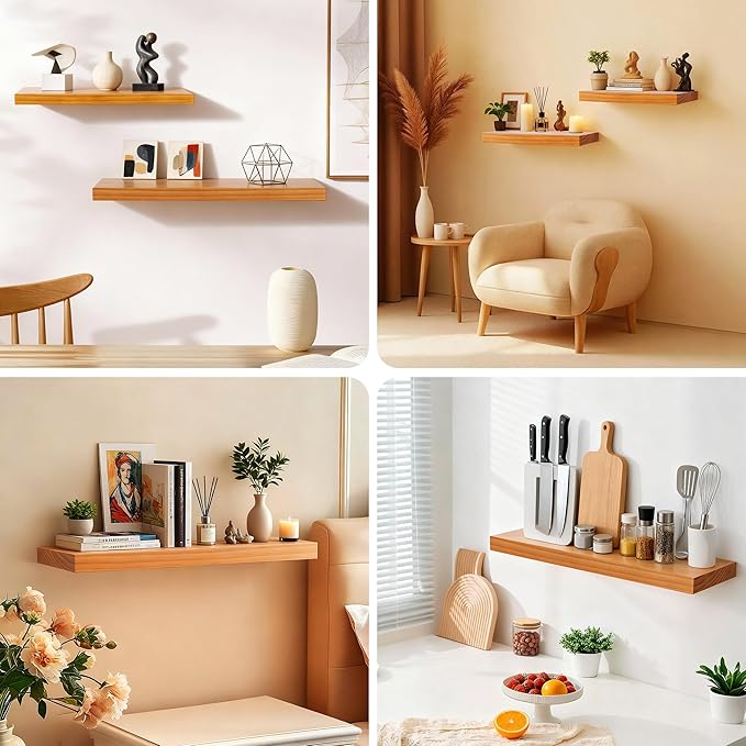 Floating Shelves for Wall 24 Inch Solid Real Wood Shelves Set of 2 Rustic Farmhouse Wall Mounted Wood Shelf for Bedroom Living Room Bathroom Kitchen Home Decor Office