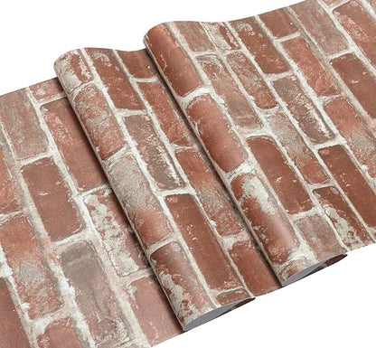 Hopeak Red Brick Wallpaper Self-Adhesive Peel and Stick Wallpaper Waterproof and Removable Good for Home Decoration and Furniture Renovation 35.4 x 196 Inch