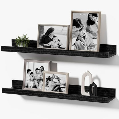 16inch Floating Picture Ledge Shelves 2-Pack, Black Wall Mounted Shelves with Lip for Nursery, Kids Room, Living Room & Bedroom, Sturdy Floating Book Shelves for Photo Frames & Decor