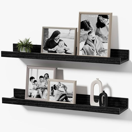 16inch Floating Picture Ledge Shelves 2-Pack, Black Wall Mounted Shelves with Lip for Nursery, Kids Room, Living Room & Bedroom, Sturdy Floating Book Shelves for Photo Frames & Decor