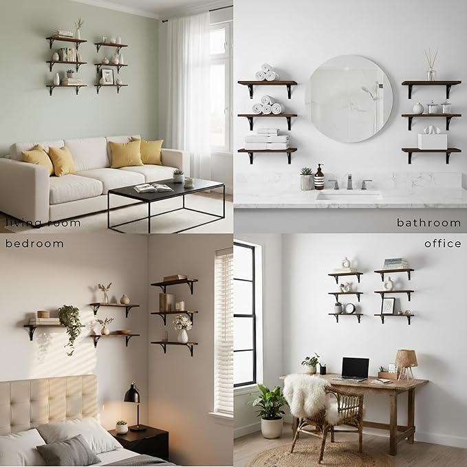 Reinforced Steel Bracket Rustic Brown Shelf - Easy to Install, Template and Video Included - Rustic Shelves for Wall, Bathroom Storage Shelves