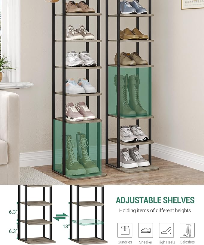 10 Tiers Vertical Shoe Rack, Narrow Shoe Tower, Tall Shoes Shelf with 2 Hooks, Adjustable Shelves, Corner Shoes Shelves for Small Spaces, Entryway, Living Room, Greige SR11205B