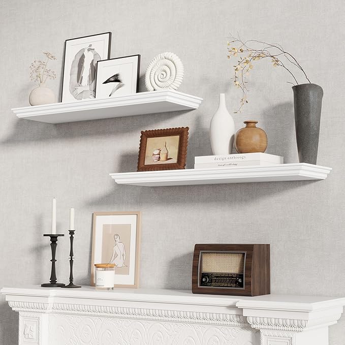 Fun Memories Floating Shelves 32 Inch Long, 9.3 Inch Deep Classic Crown Molding Floating Shelves for Wall, Rustic Wooden Shelves for Wall Decor Bathroom, Kitchen, Office, (White, 2Pack)