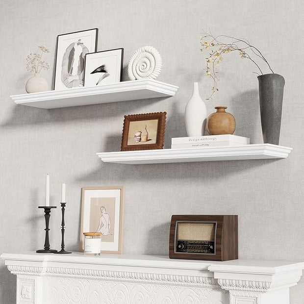 Fun Memories Floating Shelves 32 Inch Long, 9.3 Inch Deep Classic Crown Molding Floating Shelves for Wall, Rustic Wooden Shelves for Wall Decor Bathroom, Kitchen, Office, (White, 2Pack)