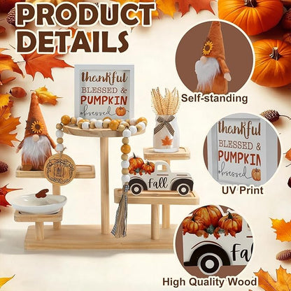 Thanksgiving Decorations for Home 6PCS Tiered Tray Decor Set, Tabletop Fall Decor for Tray Shelf Mantel Fire Place Office Desk Thanksgiving Autumn Table Centerpieces Pumpkin Farmhouse Wood Signs