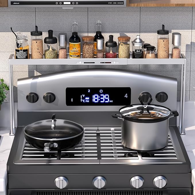 Stove Top Shelf - Adjustable Oven Shelf for Top of Stove for 27-33inch, Kitchen Spice Organizer, Silver