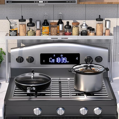 Stove Top Shelf - Adjustable Oven Shelf for Top of Stove for 27-33inch, Kitchen Spice Organizer, Silver
