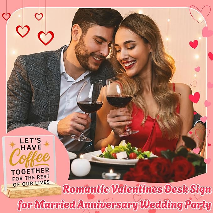 Rustic Valentines Desk Decor for Coffee Bar Porch Tiered Tray, Happy Valentine's Day Home Office Table Sign for Shelf Party, Let's Have Coffee Together