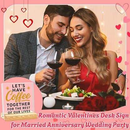 Rustic Valentines Desk Decor for Coffee Bar Porch Tiered Tray, Happy Valentine's Day Home Office Table Sign for Shelf Party, Let's Have Coffee Together