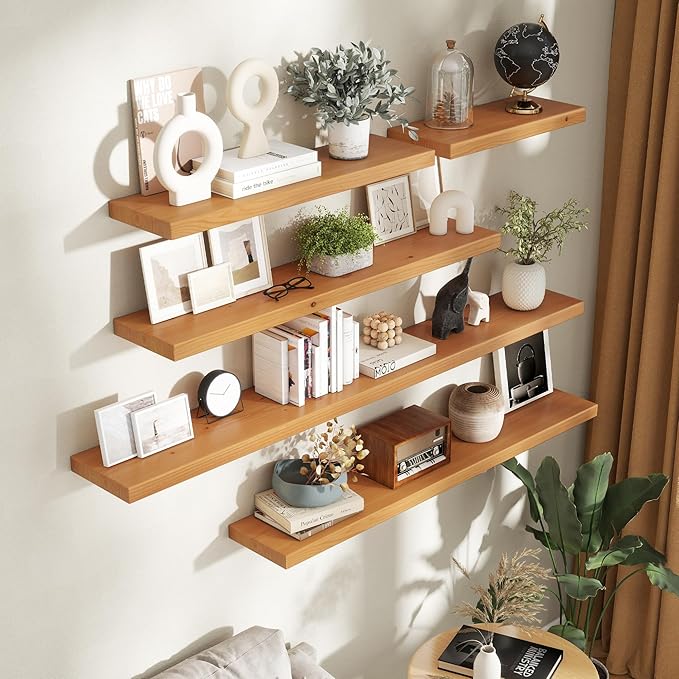 Axeman 72 Inch Floating Shelves for Wall, 9.3" Deep High End Solid Real Wood Wall Shelves with Heavy Duty Invisible Bracket for Living Room, Bedroom, Kitchen, Bathroom, Set of 1, Natural