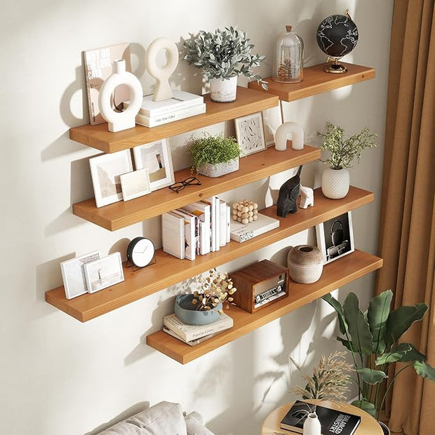 Axeman 24 Inch Floating Shelves for Wall, 9.3" Deep High End Solid Real Wood Wall Shelves with Heavy Duty Invisible Bracket for Living Room, Bedroom, Kitchen, Bathroom, Set of 2, Natural