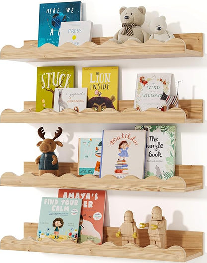Kids' Bookshelf Set of 4 - Wood Floating Nursery Book Shelves, Picture Ledge Shelf for Wall Decor and Storage - Perfect for Books, Toys, Photo Frames, and Nursery Décor