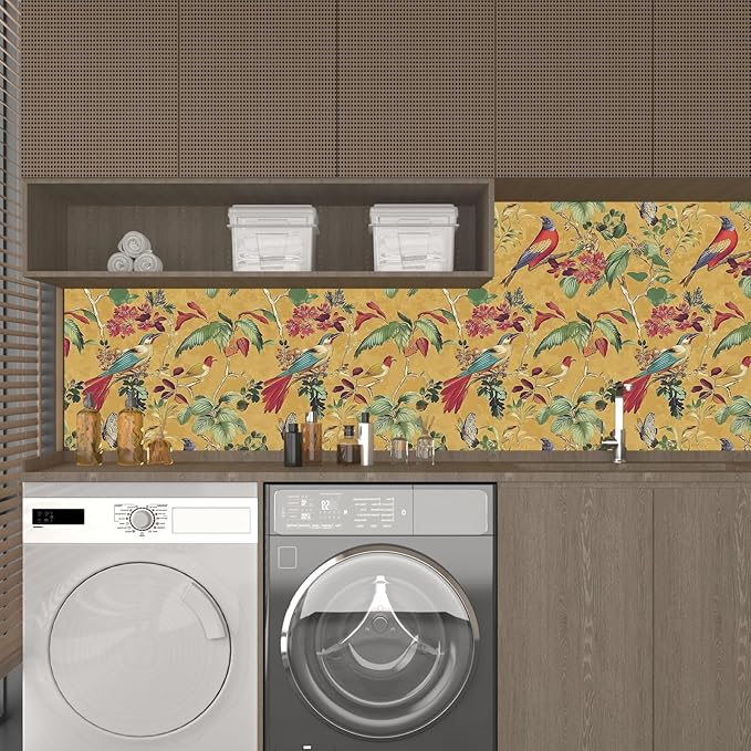 Yellow Boho Wallpaper Peel and Stick,Vintage Floral Bird Contact Paper, Retro Botanical Wall Paper Self Adhesive Removable Waterproof for Bedroom Walls Shelves Cabinet Table Decoration 17.5in x 118in