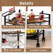 Bar Cart,Home Bar Serving Cart with Storage Shelves, 2 Tier Rolling Beverage Cart with Wheels, Modern Retro Brown Wine Cart with Wine Rack and Glass Holder for Kitchen, Dinning Room,Living Room