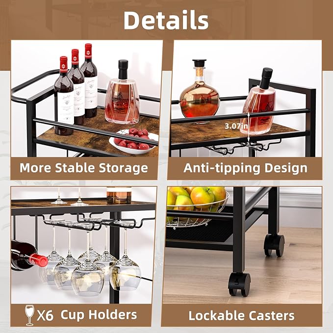 Bar Cart,Home Bar Serving Cart with Storage Shelves, 2 Tier Rolling Beverage Cart with Wheels, Modern Wine Cart with Wine Rack and Glass Holder for Kitchen, Living Room,Dinning Room,Brown