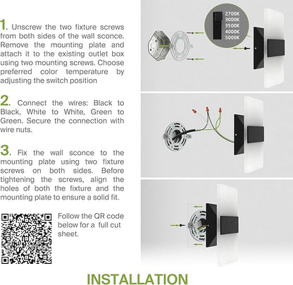 ASD LED Indoor Wall Mount Light Fixture - 14 Inch 24W Modern Interior Matte Black Dimmable Wall Sconce Light - ETL 2700K-5000K Adjustable - Hallway, Bedroom LED Wall Lights, Pack of 2