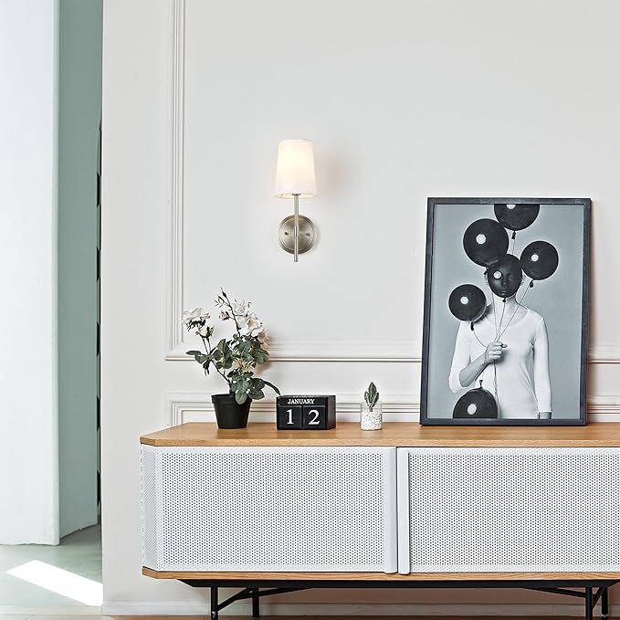 Globe Electric 51858 Clarissa 1-Light Wall Sconce, Brushed Nickel, White Fabric Shade, Bulb Not Included