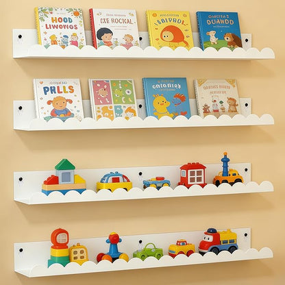 24 Inch Nursery Book Shelves Set of 4, White Metal Floating Shelves for Wall, Scalloped Cloud Book Shelf for Kids Room, Bathroom, Bedroom, Playroom Wall Decor & Storage