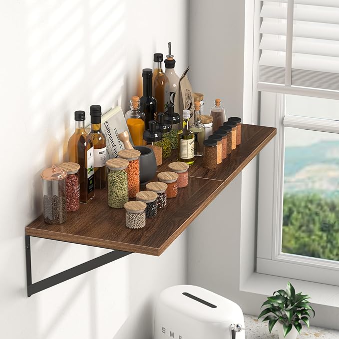 Heimlove 12 Inch Deep Floating Shelves for Wall, 16W x 12D Wood Wall Shelves Set of 2, Walnut Wide Floating Bookshelf for Living Room, Kitchen, Office, Bedroom, with Black Metal Bracke - Walnut