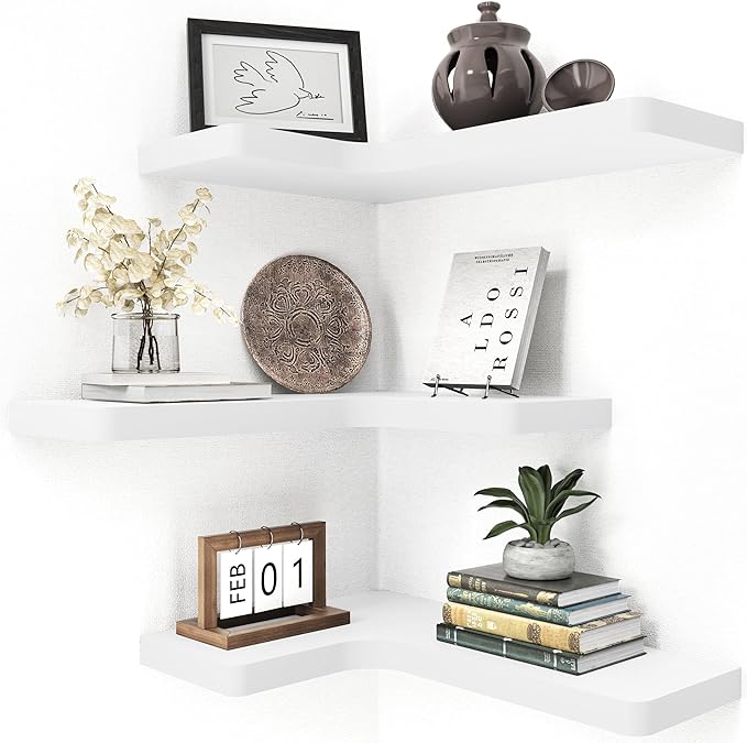 fuqing Corner Floating Shelves, Wall Shelf Set of 3, Shelves for Wall Storage, Solid Wood Shelves for Storage, Wall Mount Wooden Display Shelf for Bathroom Bedroom Kitchen Garage, White