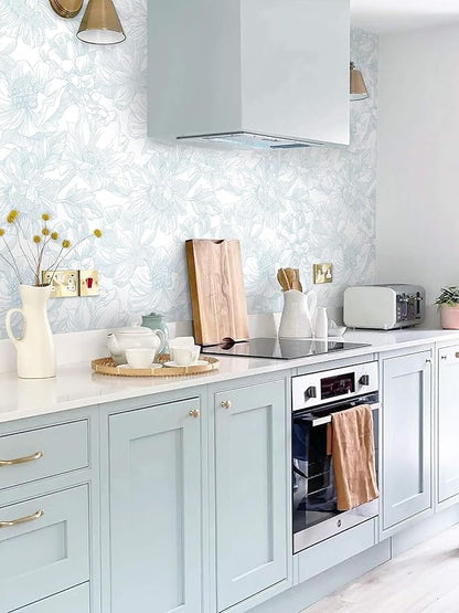 Ismoon Large Floral Peel and Stick Wallpaper Boho White and Blue Contact Paper 17.3inx32.7ft Modern Wall Paper Removable Self Adhesive Vinyl Wallpaper for Bedroom Cabinet Waterproof Mural Wall Decor