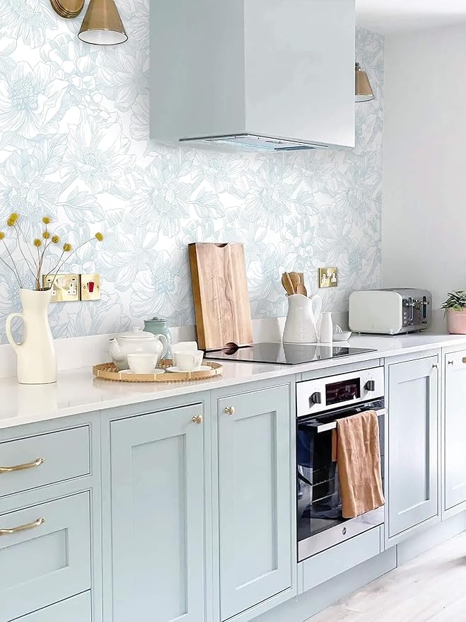 Ismoon Large Floral Peel and Stick Wallpaper Boho White and Blue Contact Paper 17.3inx32.7ft Modern Wall Paper Removable Self Adhesive Vinyl Wallpaper for Bedroom Cabinet Waterproof Mural Wall Decor