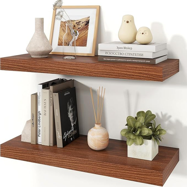 Floating Shelves for Wall, 9.3" Deep Wall Mounted Wood Shelves for Bathroom, Bedroom, Living Room, Kitchen, Hanging Shelf for Books/Storage/Room Decor (Walnut, 24")
