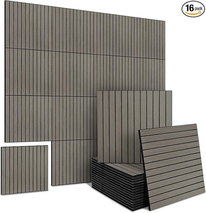 16-Pack Peel and Stick Acoustic Wall Panels, 11.8" x 11.8" PET Soundproof & Noise Cancelling Acoustic Felt, Self-Adhesive 3D Sound Absorbing Slat Wall Paneling for Interior Wall Decor, Gray