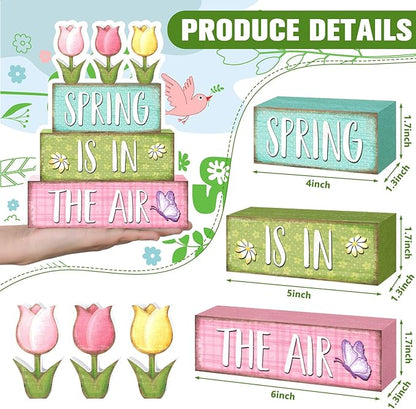Marsui 4 Pcs Spring Table Decorations Tulip Flower Wooden Block Signs Pastel Tulip Tabletop Centerpieces Farmhouse Distressed Easter Spring Decor for Home Table Kitchen Shelf Tiered Tray Decor