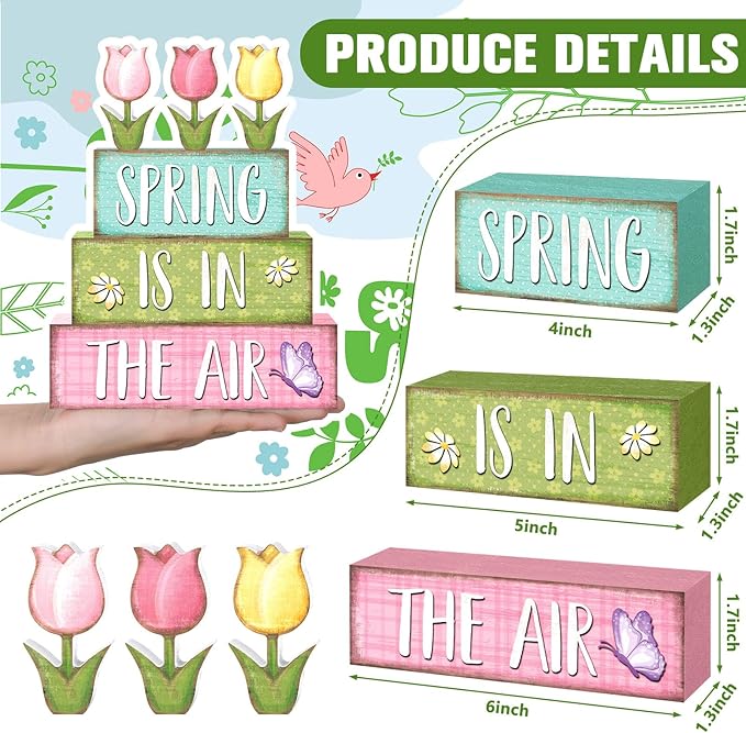 Marsui 4 Pcs Spring Table Decorations Tulip Flower Wooden Block Signs Pastel Tulip Tabletop Centerpieces Farmhouse Distressed Easter Spring Decor for Home Table Kitchen Shelf Tiered Tray Decor