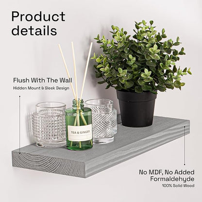BAOBAB WORKSHOP Wood Floating Shelves for Wall - Rustic Shelf 16 inch - Grey Bathroom Shelves - Solid Wood Shelves for Wall for Bedroom Kitchen Living Room - Gray Finish, 16W × 6.7D, Set of 2